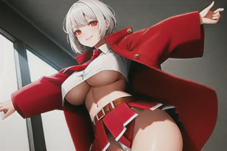 One girl, white hair, short hair, red eyes, smiling, big jacket, red jacket, red skirt, short skirt, red tie, red belt, belt on skirt, Carrying Sex, showing boobs, 4k, fullhd, hd <lora:dpmg_upshirt:1>