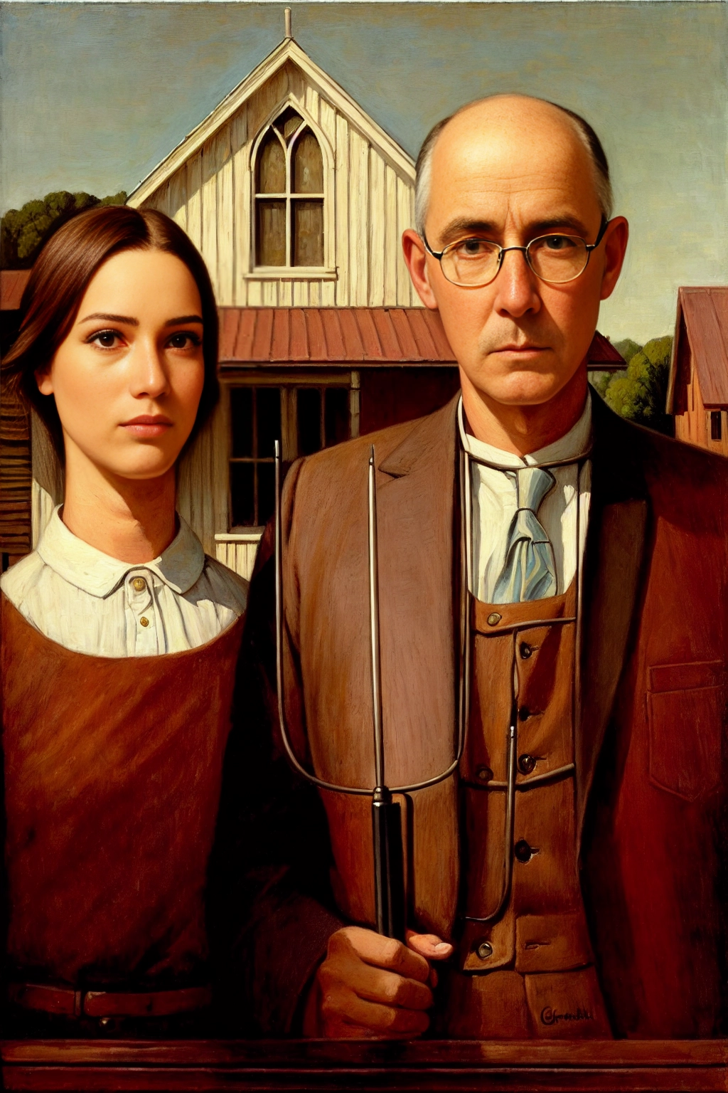 (Award winning close front portrait hyper-realistic painting:1.2) ,epic cinematic front lights,((insanely high detailed finish on everything)), american gothis painting by grant wood