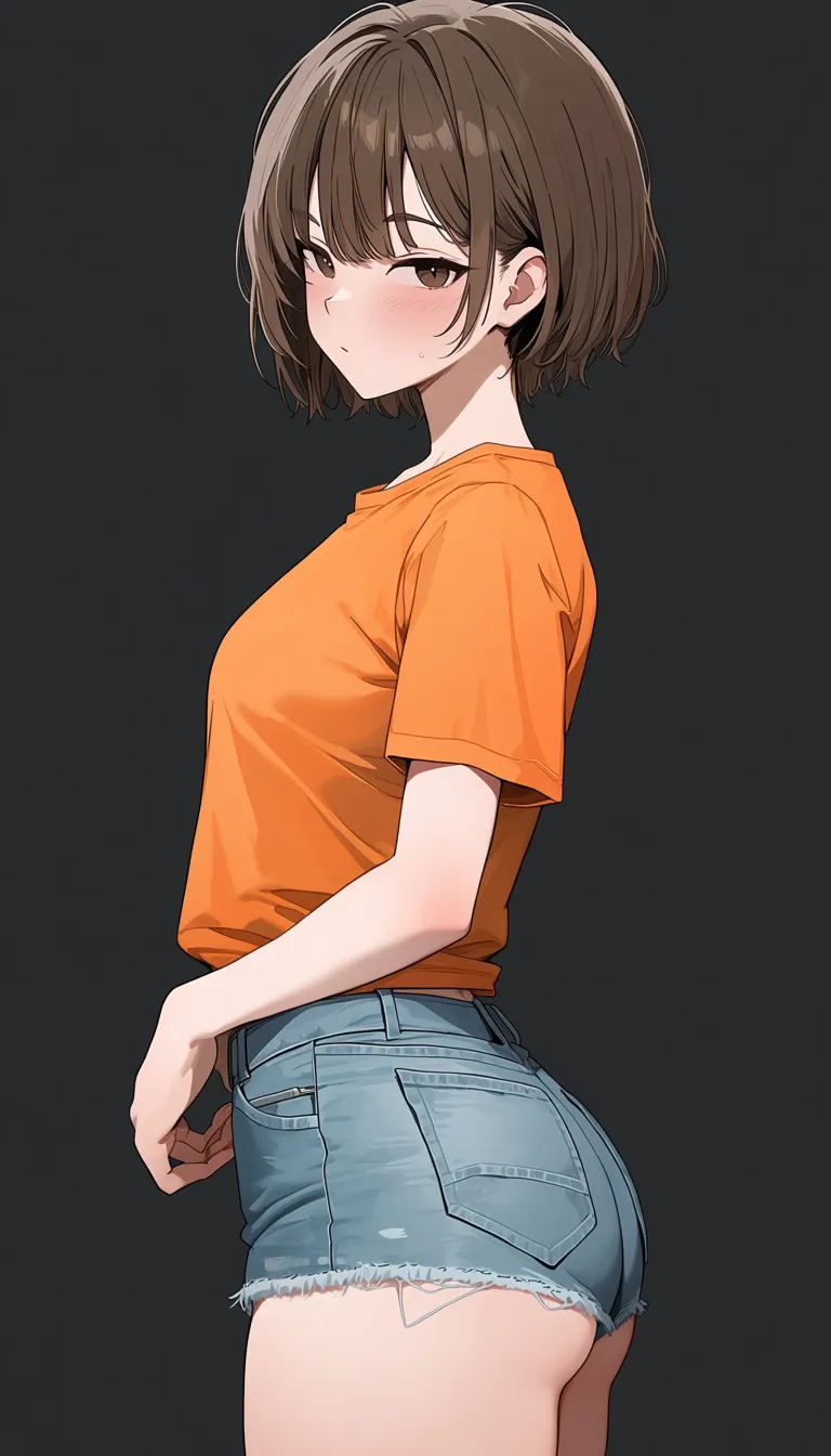 masterpiece, best quality, safe. Anime girl with short brown hair, wearing an orange t-shirt and denim shorts, standing against a simple black background. from side, blush, looking at viewer