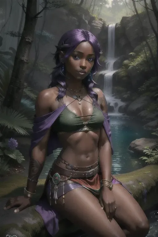 Very dark skin, fantasy rogue sitting at the edge of a pool in a forest, cute face, crop top and skirt, cloak, jewelry, purple hair, mid length hair, blue eyes, small boobs, freckled face, perfect tits, half uncovered, beautiful, athletic body, tattoos on arms,