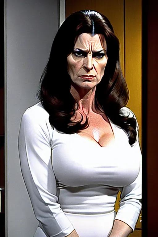 An angry, abusive, evil, white mother, who is sexually dominant and forty years old. She is brunette, and physically fit, fully clothed but in revealing clothing.