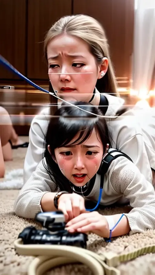 Amputee girl crawling doggystyle being led with a leash while crying