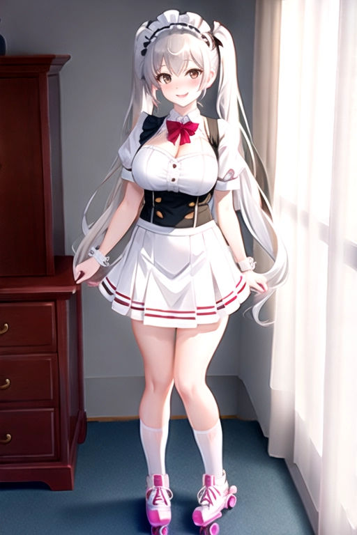 8k quality, brown eyes, pale white skin, white hair, giant breasts, cleavage, looking at viewer, pov, long hair, wavy hair, standing in bedroom, maid uniform, roller skates, miniskirt, pigtails, full body photo, smiling