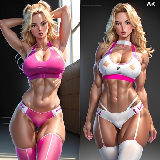 Replicate, A 8k high resolution photo, Ultrarealistic, dpmg_Margot_Robbie_v_1, dirty blonde hair, athletic outfit, hot pink low-rise spandex thong, Cameltoe, eager, Halter neck sports bra, Erect Nipples, Body Hair, Pubic Hair, crotch bulge, bulged pubis, Happy Trail, Detailed Pupils