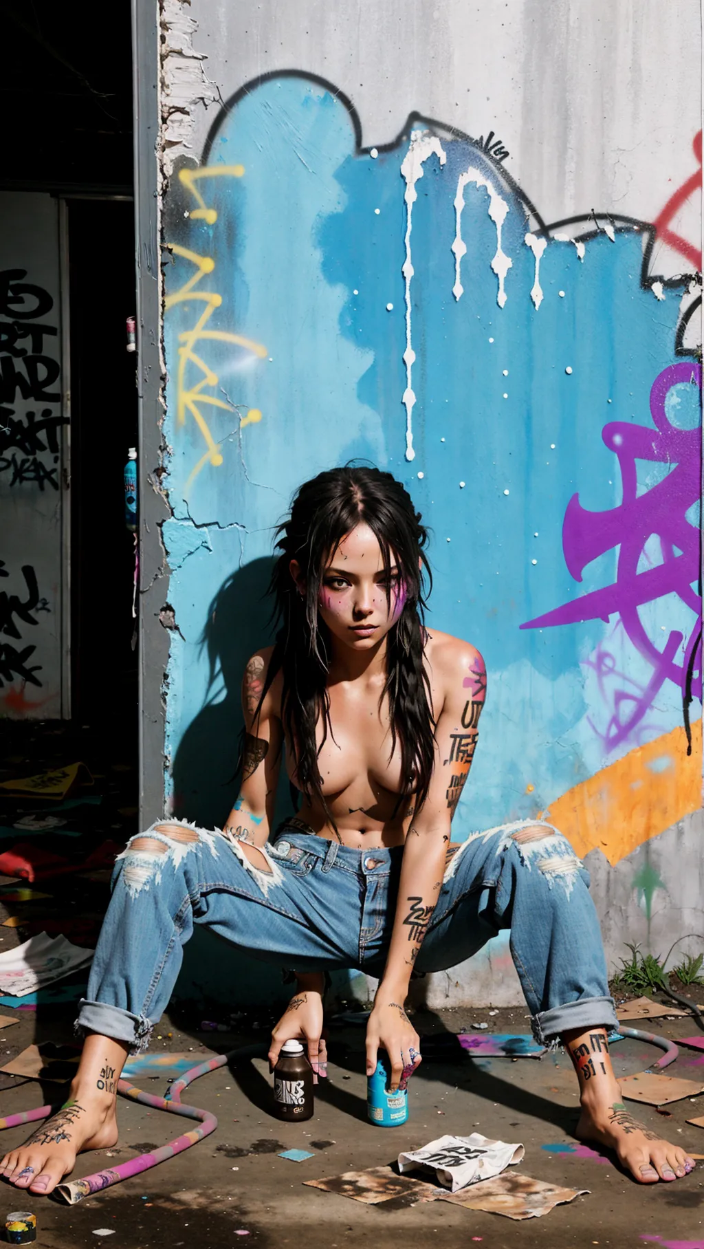 full-body image of a fit toned hot topless barefoot punk girl with long hair wearing baggy jeans while crouching inside a condemned building with graffiti paint on her breasts and spray paint on her feet, facing away from viewer, sexy feet, barefoot, spray paint on feet,