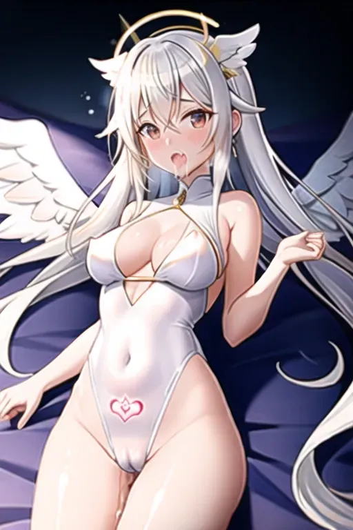 a photograph of,an anime girl,wearing nothing, visible cameltoe, lying,in the desert, has a pair of silky white angel wings, has a gold shining circle above head, getting fucked, saliva dripping from mouth, open mouth, medium breasts,five fingers per hand,silky hair,beautiful face,beautiful lips,curved eyebrows,pale white skin,cosy,tattoo,bokeh,sharp focus,highly detailed,editorial,artstation