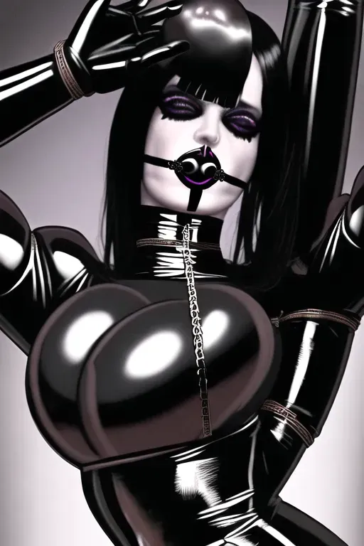 goth hot sex slave in padded asylum cell, five fingers per hand, gorgeous face, huge ball gag in mouth, detailed eyes, 8k professional editorial, latex bondage outfit, heavy bondage restraints, nose hook, bitchsuited