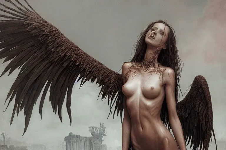 A surreal photo, female, thinspo, bimbo, abs, busty, skinny, nude, long flowing hair, ab veins, wet skin, trypophobia, bones, wings, feathers, rust, in the style of beksinski