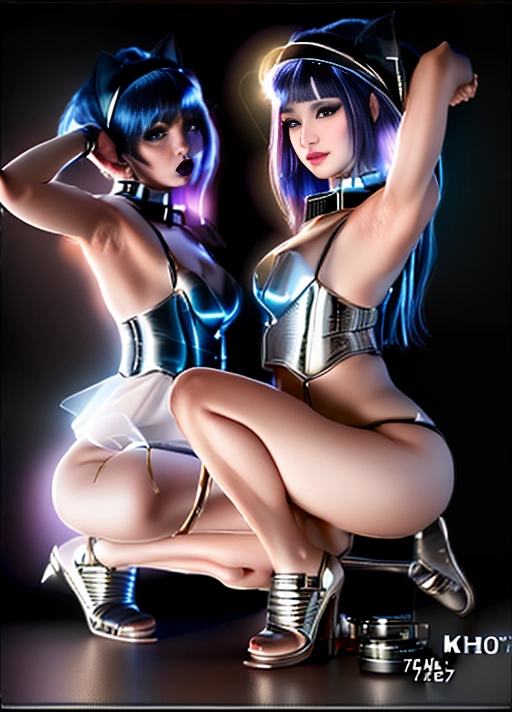 (Photograph), (photorealistic:1.9)
(Masterpiece), Best quality, 8k resolution,
HDR, UHD, 64K,
Highly detailed,
Perfect lighting,
Professional,
Unreal engine,
Vivid Colors,
Bokeh,
2girls, short blue hair with Betty bangs, long purple hair, black headband, black choker, lingerie, squatting, head tilt looking at viewer, flirty smile, puffy lips, long eyelashes, light complexion, full body view, wide shot with EF 70mm lens