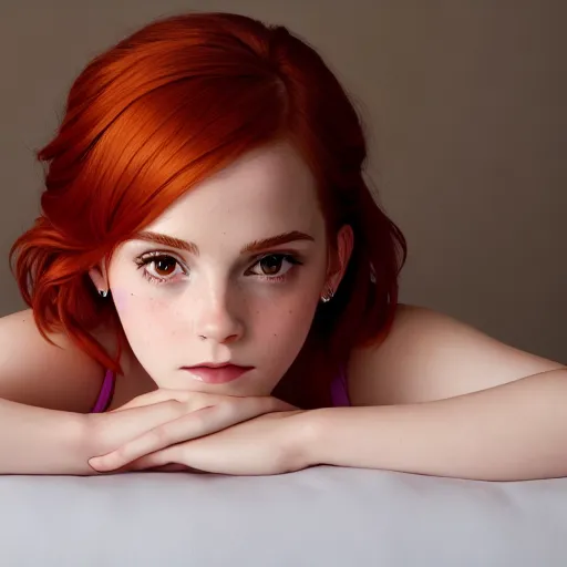 redhead eating Emma Watson whole, Emma Watson on her back, 8k photo, skinny,