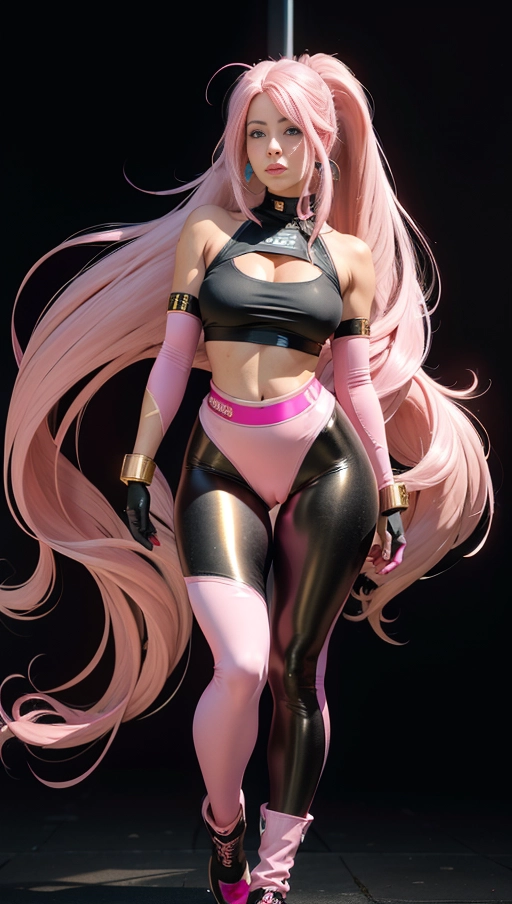 best quality, (((ultra high res))), (((detailed face and eyes))), (perfect face), big shining heart choker, earrings, jewelry, ((long voluminous hair)), (((long black gloves))), ((pink hair)), straight hair, (((golden bracelet))), ((single pink ponytail)), (((huge golden hair cuff))), ((skintight crop top)), long sleeves, (lipstick), ((((neckholder top)))), (((skintight))), ((neckholder)), (((leggings))), ((((very long pink hair)))), black boots, ((cameltoe)), dark background