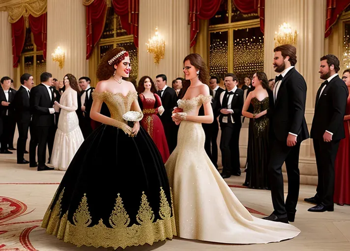 amidst the revelry of a grand late eighteen hundreds French masquerade ball, where everyone is wearing ornate masks, a clumsy servant trips spilling red wine on beautiful, auburn haired, round wide blue eyes sexy Queen Anna of Arendelle wearing a satin, pearl and gold mask, and a pristine brilliant white heirloom ball gown. An opportunistic Marquies De Sade looking on. photorealistic. High resolution