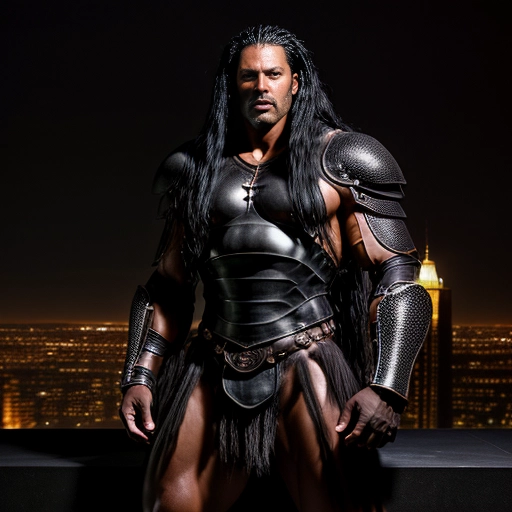 A professional high resolution photograph of a very tall muscular male warrior with long thick black hair and dark tanned skin
Background is dark medieval city at night
Warrior is wearing black leather dragon armor
Warrior is looking at the camera without smiling
studio lighting
<lora:dpmg_add_detail:1>