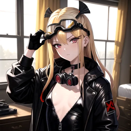 masterpiece, great quality, sciamano mixed with wlop, goth, blonde hair, red streaks, female, badass, epic, bedroom in background, welding goggles, forehead, small boobs