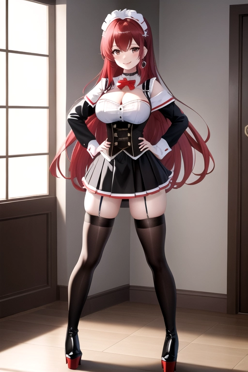 long hair, pale skin, bright red hair, brown eyes, black choker, giant H-cup breasts, wavy hair, maid uniform, smiling, full body photo, 28 years old, miniskirt, cleavage, high heels, red corset, 8k quality, red thigh high boots, in living room