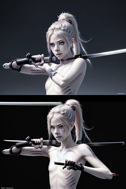 Avril Lavigne, naked, perfect face, high quality face, 64k, cyberpunk, running mascara, crying ,body modification, samurai sword, fighting stance, cyborg implants, ultra detailed image, high resolution image,