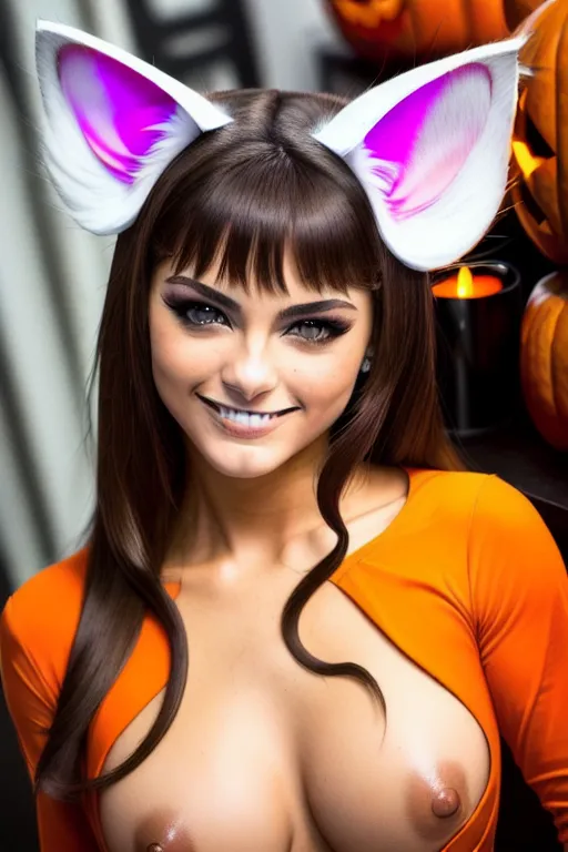 Professional glamour photography, 20 year old, gorgeous Brazilian supermodel girl, fit, naked, nude, sexually aroused, fuck me smile, ((sexually inviting smile)), ((indoor Halloween party)), (nighttime), ((Halloween decorations)), ((cat ears))(cat pupils), sexually happy, 8k, showing pussy, pubic hair, (sexually excited), small natural tits, (expression of intense sexual desire), (I am going to fuck you expression), (demanding I want you to fuck me right now expression), (((looking at me))), (lusty smile), upward camera angle closeup pov pussy