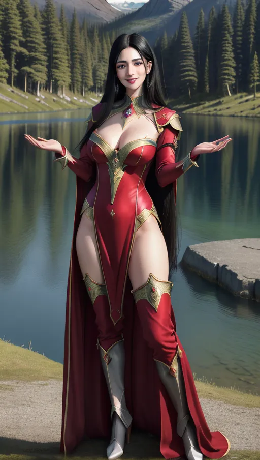A photograph of, Shin Hati, beautiful, detailed lips, detailed blue eyes, long straight black hair, symmetrical face, realistic face, high resolution face, smiling,full body, medium breasts, perfect hands, hairy pubis, wearing sorceress red outfit, high resolution, masterpiece, ultra realistic, HD wallpaper, near a lake,