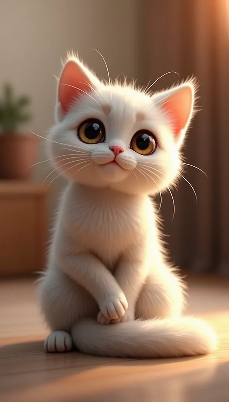 A cute cat sitting gracefully, with big expressive eyes and a fluffy tail curled around its paws. The background is softly blurred, featuring a cozy indoor setting with warm lighting. The cat has a playful expression, with its ears perked up and a slight tilt to its head. The fur is detailed, showing subtle variations in color and texture. The composition follows a 9:16 aspect ratio, perfect for a portrait-oriented image, with the cat centered to draw focus. The style is realistic with a touch of whimsy, enhancing the cat's adorable features.