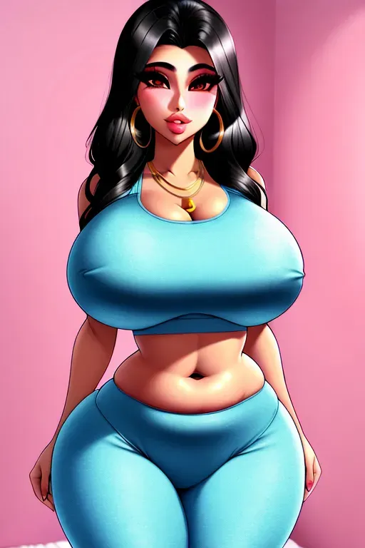 Gorgeous Arab teen bimbo, huge enormous perky tits, straight black hair, cute young face, full plump beautiful big lips, sexy, slim waist, perfect curvy hourglass figure, very tight cotton bra straining to hold in her huge tits and tight yoga pants, photorealistic