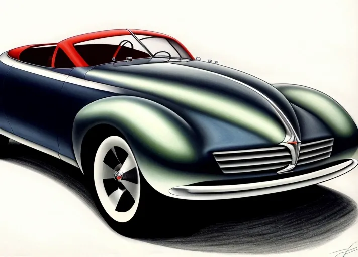 A rendering in airbrush, marker, and colored pencil, of the full body of a sleek sedan concept car styled after cars of the 1940's