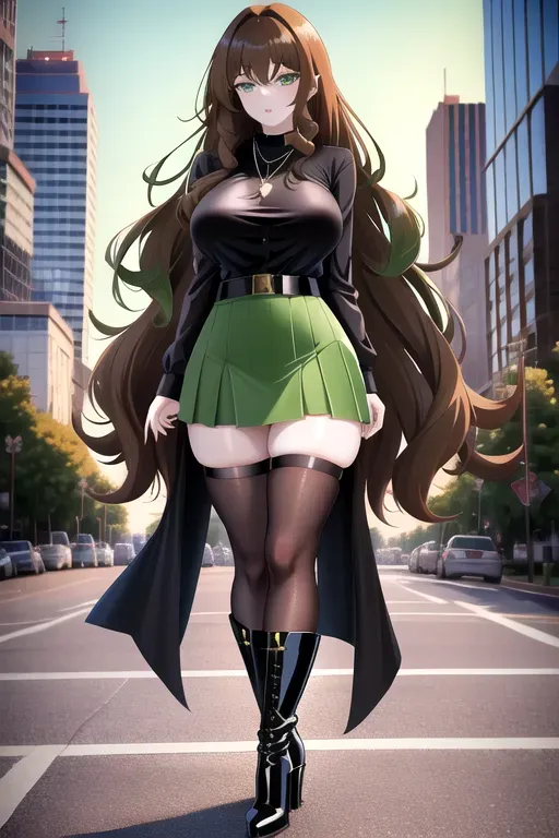 full body, chestnut hair, green eyes, short girl, green miniskirt, black high heel boots, looking at viewer, long hair, pale skin, black necklace, black blouse, 24 years old, big breasts, cute face, pov, wavy hair, city environment, Oklahoma City