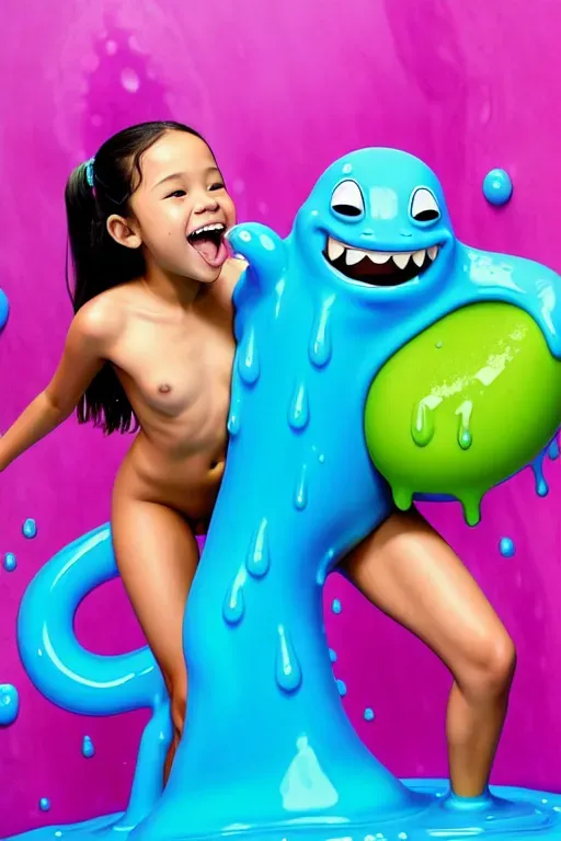 a nude Jenna Ortega being eaten by a slime, the slime is blue, Jenna Ortega is being absorbed feet first, Jenna Ortega is smiling an groping her boobs