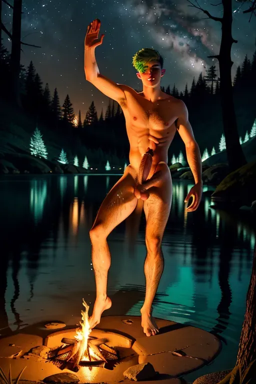 A 20-years old naked man with green-dyed short hair and his body covered with freckles getting out of the water in a lake surrounded by a forest, waving a hand, pubic hair, long penis, nice thighs, ((full body)), ((night)), campfire illumination, ((realistic))