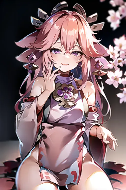 1girl, <lora:dpmg_yae_miko:1>, kpop idol, yae miko, detached sleeves, bare shoulders, pink hair, long hair, japanese clothes, best quality, (painting:1.5), (hair ornament:1.35), jewelry, purple eyes, earrings, breasts, torii, cherry blossoms, lantern light, depth of field, detailed face, face focus, ribbon_trim, (looking at viewer:1.25), nontraditional miko, shiny skin, long sleeves, smile, thick lips, game cg, hands on lips, east asian architecture, (blurry background:1.2), sitting, upper body, loli, very small body, loli face
