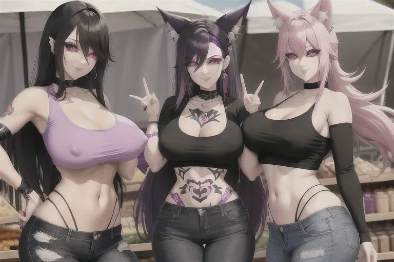 4 goth foxgirls, pink and black hair, tail, arm tattoos, piercings, pink and purple croptop t-shirt, covered nipples, jeans, working at a farmers market stall,