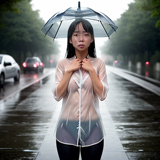 A girl, in the rain, wet clothes, transparent shirt, transparent, holding bag, frowning, wet, can see genitalia through clothes, no underwear, no bra, nipples visible, can see breasts through clothes, embarrassed, accidental, fully clothed, pixiv, bokeh, perfect lighting, depth of field, play of light, absurd res, candid, emotive photography