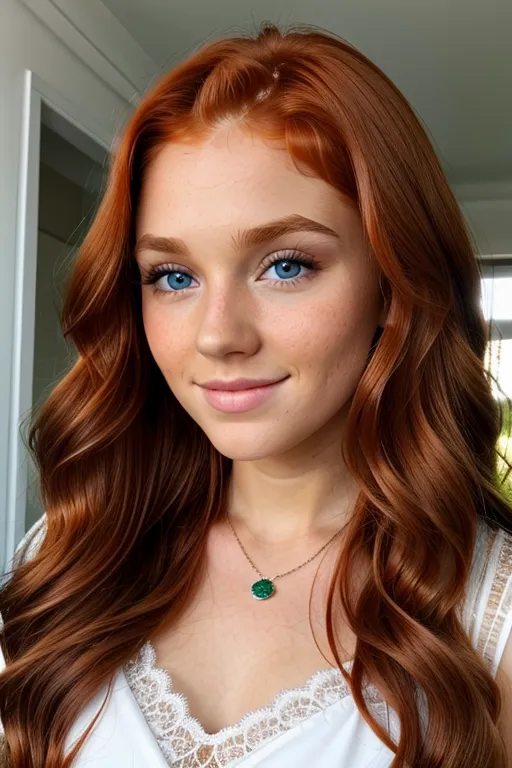 A cute gorgeous tanned stunning ginger Irish redhead (young preteen) with long wavy hair, huge wide-set large round eyes, long eyelashes, cheekbones