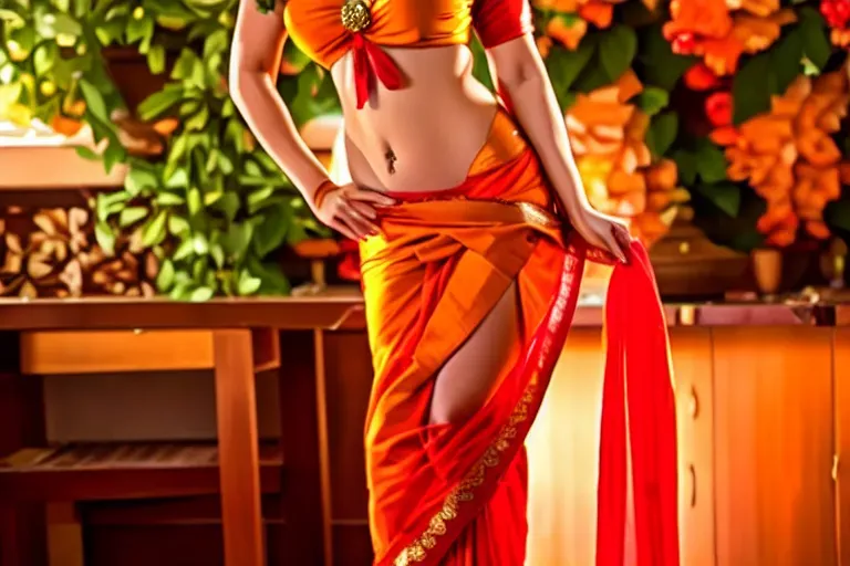A Professional Full Body Photo, of a beautiful young woman, wearing sari, posing seductively indoors, Indian, toned physique, strawberry red hair, perfect face, small breasts, cleavage, seductive expression, Large ass, pretty hands, squatting, slutty expression