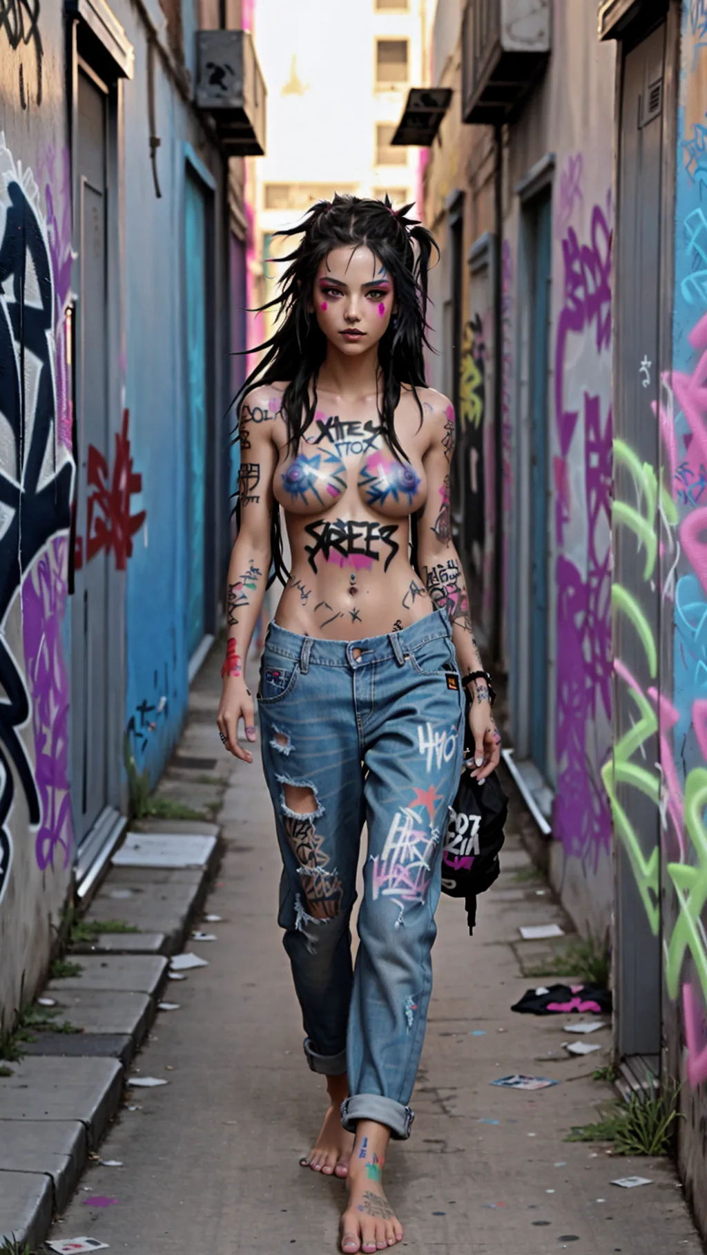 full-body image of a fit toned hot topless barefoot punk girl with long hair wearing baggy jeans while walking through a back alley with her gang and with graffiti paint on her breasts and graffiti paint on her feet, clothed men in uniform walking behind her, sexy feet, topless, barefoot, graffiti paint on breasts, graffiti paint on erect nipples, graffiti paint breasts,