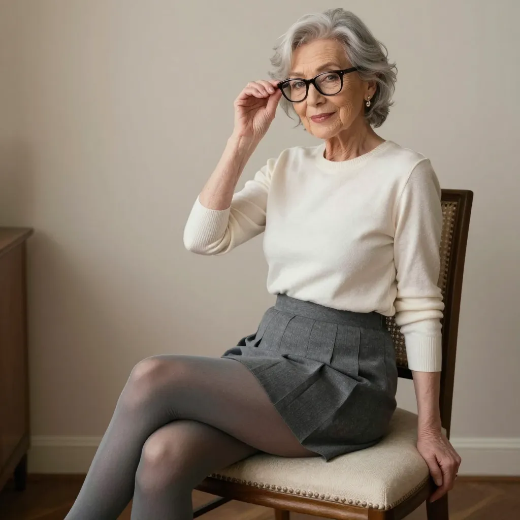 a sexy little old lady wearing glasses, a short pleated skirt and grey tights sitting on a chair
