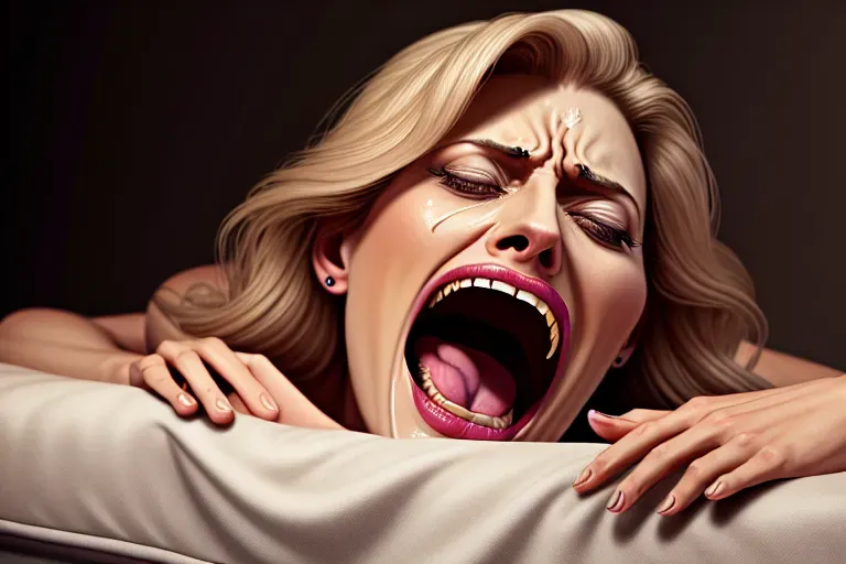 detailed illustration of rape, caroline ellison, pinned down flat on her back against a mattress, open mouth scream in pain, tears streaming down her cheeks, five slender fingers, dainty body and dainty bare feet, studio lighting, ultra realistic, highly detailed, 8k, editorial