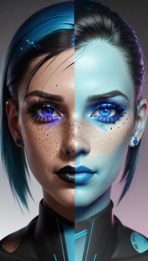 a photo of,photorealistic, 8k, accurate face, (((detailed face))), (((replicate inspiration face))), freckles, black lipstick, blue hair, vaporwave aesthetic,