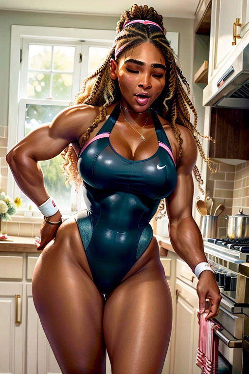 ((painting)),
(beautiful young brunette woman),
(((features of a young Serena Williams))), perfect face, detailed face, beautiful nipples:1.2), natural hair,
((Leotard)), standing in a 1950s style kitchen, rear view, face turned towards viewer, full body and thighs visible, baking a cake, she is having a powerful (((sneezing fit))) ((sneezing)) allergy to flour, with her nostrils flaring, ((her eyes closed)) and ((her mouth wide open)),
masterpiece