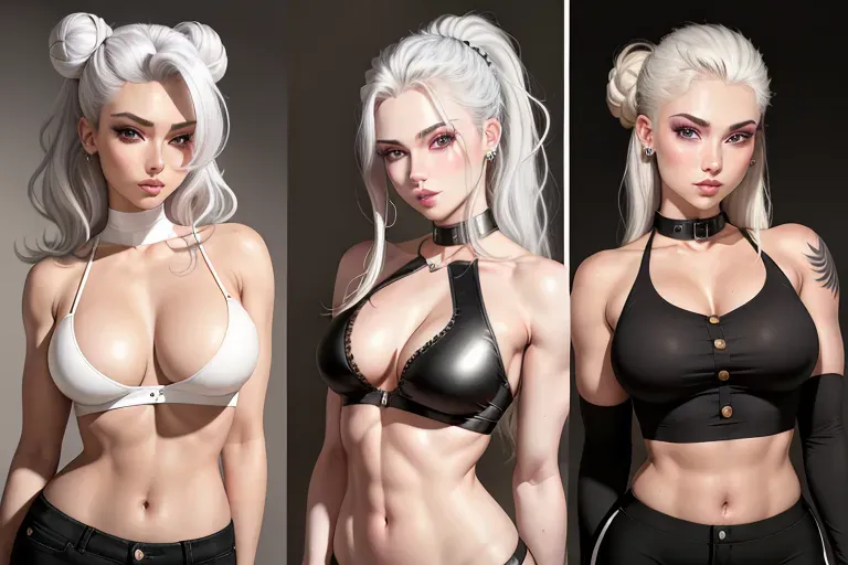 20 years old, sad eyes, medium length platinum-colored hair, very pale, deep collar bones, small button-shaped nose, full tight lips, cute cheek-bones, red eye shadow, hair mostly tied up high, unhealthy weight, neutral lip-gloss, light mascara, slightly messy hair, tight-fitting short high-waisted sports shorts in black with white stripes, slightly hourglass shaped, ribs protruding, tiny lingerie crop top with a v-cut showing slightly saggy breasts, large but neautral-colored areolas, slightly aroused nipples, sharp shoulder blades, tattoos, black tattoos, hand tattoos, long and bony fingers, smooth-skin, lips slightly open, confused look, bags under eyes, minimalistic jewelry, crocheted headband, hair in one bun, strands of hair in front of face,medium-length natual nails, septum piercing