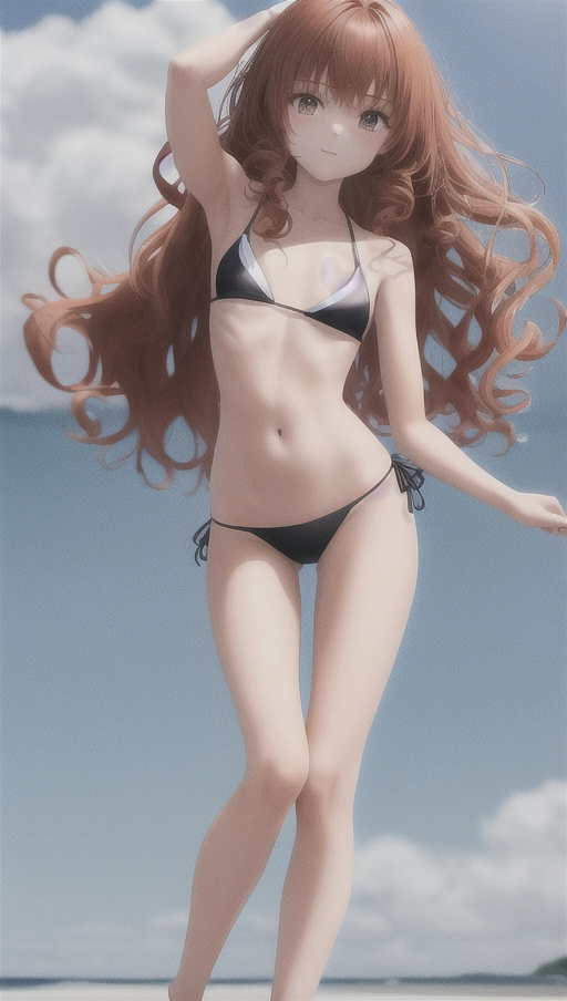 Lithe and fit 19 year old girl, wearing thin string bikini, a taught tight runners body, medium curly auburn hair, skinny young body, short legs, dainty feet,