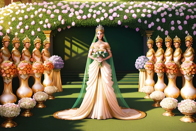 in the foreground A beautiful princess with a generous figure. wearing a royal outfit adorned with jewels that shimmers with gold, the fabric clings to her . she stands behind an elegant table decorated with a large vase of tulips and roses, surrounded by little pastries, In the background a large green garden wall decorated with rows of colorful hydrangeas. The scene is lit with bright dreamy lights from the early afternoon sun. the princes smiles excitedly at her flowers, an orange and white striped cat sits behind her.