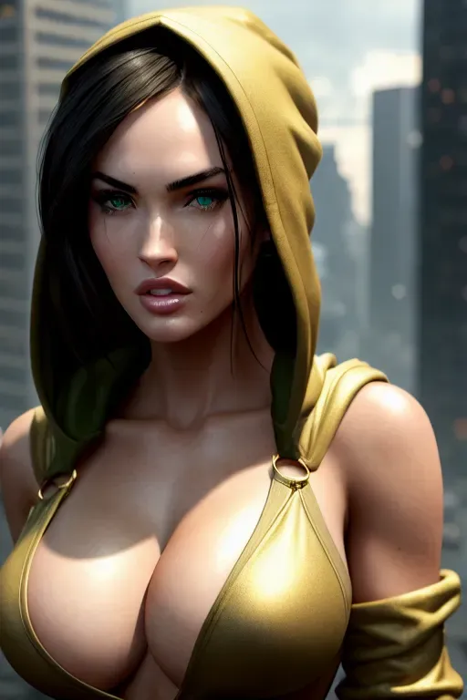 a photograph of,megan fox,wearing hoodie,touching breasts,in a dystopian future,amazing breasts,five slender fingers,bangs hairstyle,beautiful face,beautiful lips,green eyes,curved eyebrows,curved eyelid,smooth skin,peaceful,wearing golden ring,artstation,bokeh,unreal engine,ultra realistic,editorial