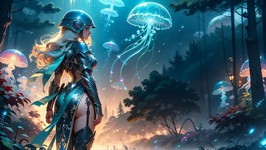 a digital photograph of, a beautiful elf female soldier wearing a futurist combat suit and holding a very powerful rifle is checking the area in a jellyfish forest, integral modern armor covering the whole body, modern helmet, (beautiful face), highly detailed face, perfect green eyes, ((full face in frame)), modern equipment in the hair, huge powerful rifle, looking around, <lora:dpmg_jellyfish_forest:1>, sci-fi, science fantasy, HDR, vivid colors, highest quality, highest resolution, (photorealist), photorealism, (masterpiece:1.4), wallpaper art