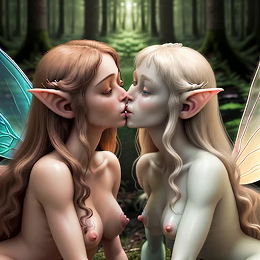 This is a highly detailed, realistic photograph depicting two nude, fair-skinned fairy-like women with long brown hair, pointed ears, and translucent wings, sitting on a large, erect, circumcised penis. Both women are kissing the tip of the penis, with a visible stream of semen dripping down. The penis is large, veiny, and hairy at the base. The background is a lush, green forest with blurred trees, creating a natural, woodland setting. The fairy women have small, perky breasts and are positioned side by side, each with one hand on the penis. The image has a fantasy, erotic theme with a focus on the contrast between the delicate fairies and the massive, human penis.