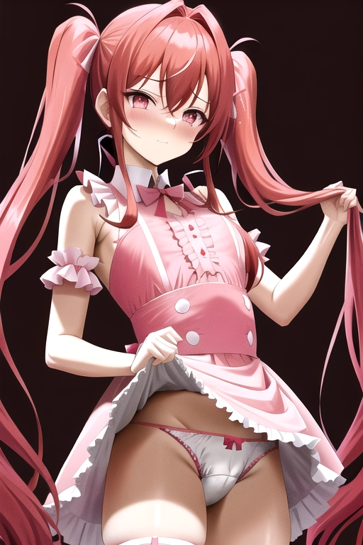 A sissy male with long red hair in high pigtails held up with pink ribbons. He looks extremely embarrassed and is wearing a glittery pink, childish party frock. He is lifting to show a diaper visible underneath