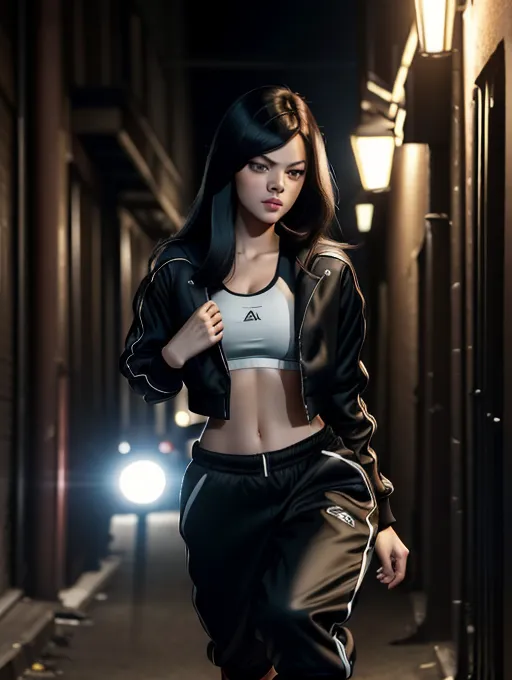 realistic HD photograph ((wide shot)), ((Jane Levy))(((accurate face))),(((as a HOOKER)))(((IN A DARK ALLEY))),(((sweating)))(((wearing cropped track jacket)))(((wearing baggy pants)))(((wearing running shoes)))((EVIL facial expression)), ((very sexy pose)),(((perky breasts))),(((dancing pose)))(((twerking)))(((slender athletic body))), (((Long sleek hair))) ((blunt hairstyle)) (((sleek blunt bangs hairstyle)))(((jet black hair))), five slender fingers, beautiful face, beautiful lips,detailed large eyes,curved eyebrows,cgsociety,cinematic lighting,studio lighting,professional,editorial,
