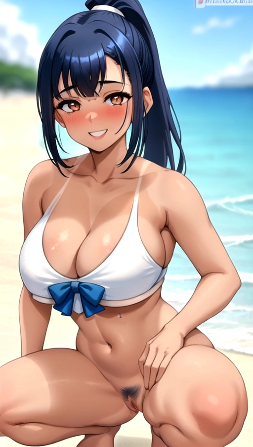 white bikini top, dark blue hair, ponytail, bangs, cute, young, (((pubic hair))), tan, (((busty))), 18yo, squatting, perfect pussy, pussy in view, on the beach, smile