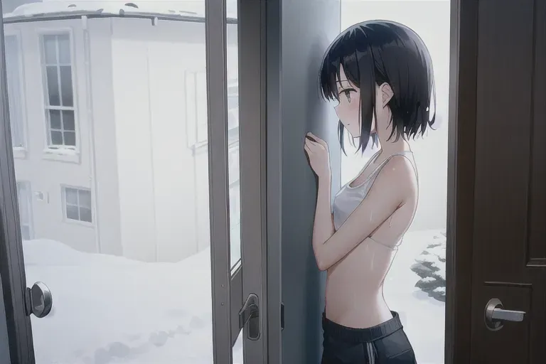 A art of girl knocks on the door and asks to enter the apartment from the street where the snow is falling, wearing small domestic shorts and tank top, naked slim waist, short wet hair, she frozen,hugged herself, shy, confused, night, the view from the door peephole