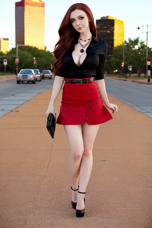 full body, chestnut hair, green eyes, short girl, red miniskirt, black high heels, looking at viewer, long hair, pale skin, black necklace, black shirt, 24 years old, big breasts, cute face, pov, wavy hair, city environment, Oklahoma City, wide eyes, erotic, skirt tug