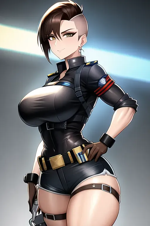 A sexy police woman, tight clothes, short shorts, utility belt, mohawk, brown hair, twirling handcuffs